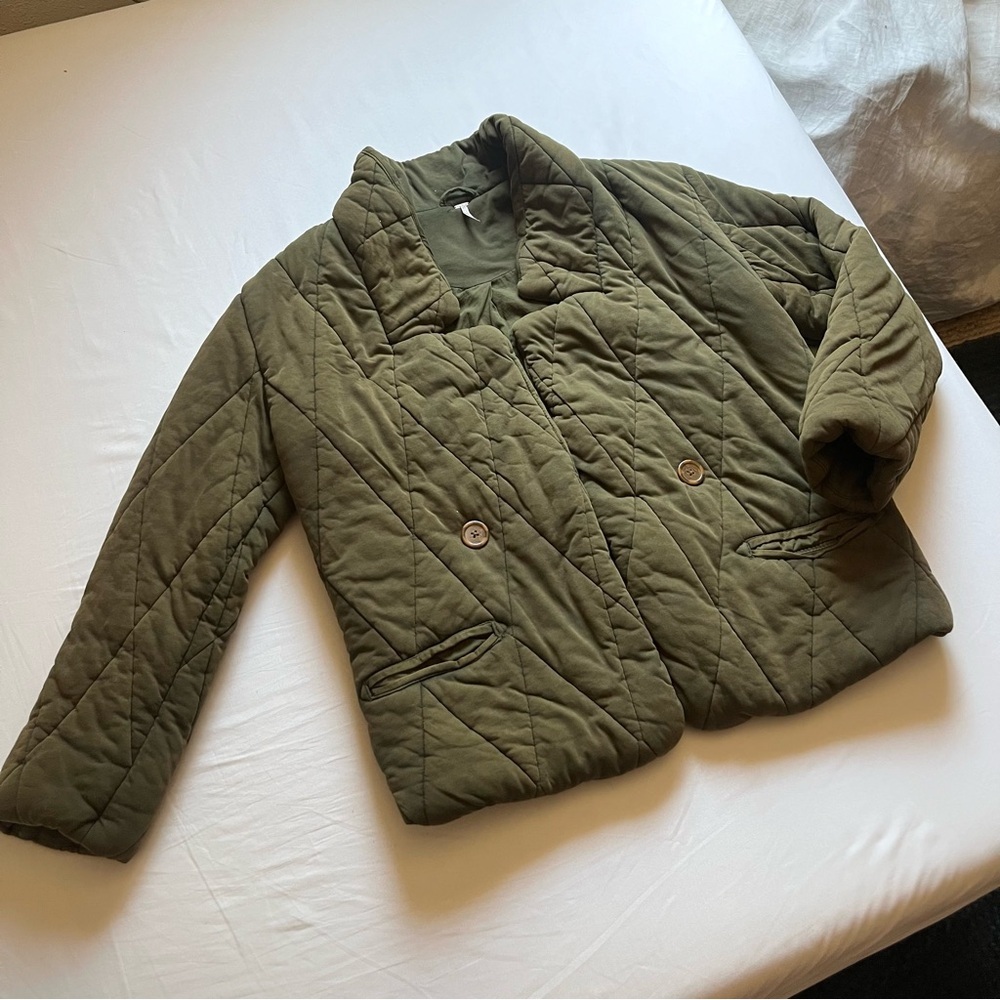 FREE PEOPLE olive army green quilted down puffer buttonless army utility coat‎